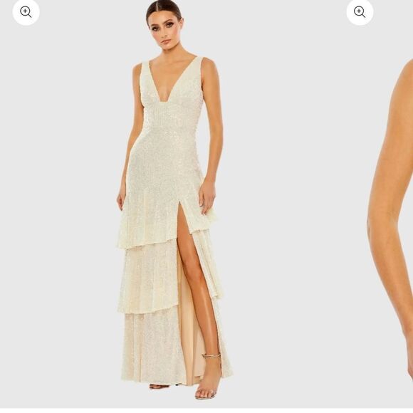 IEENA FOR MAC DUGGAL Beige Sequin Asymmetrical Ruffle Tiered Gown NWT Iridescent
